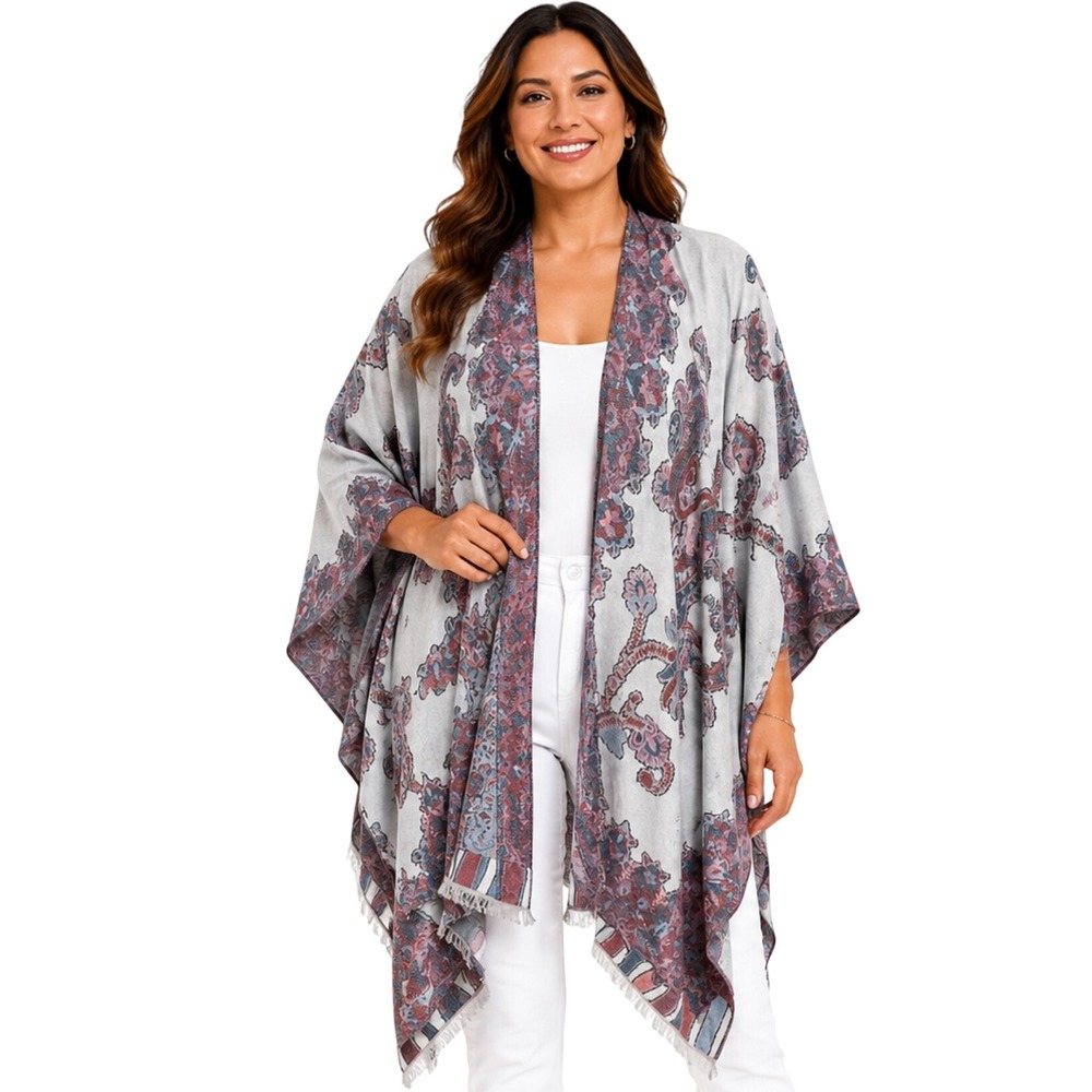 Chico's Jacquard Floral Border Ruana Women One Size Blue Mauve New Fringe Wrap